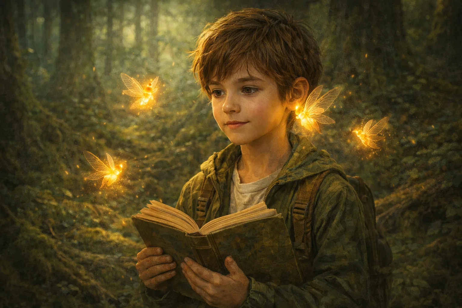 Niño leyendo rodeado de luciérnagas mágicas